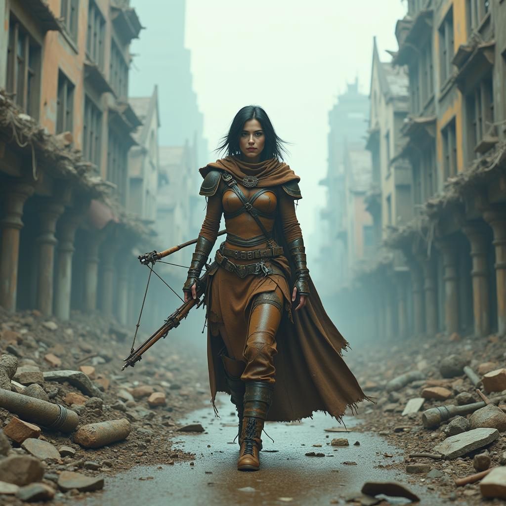 Post-Apocalyptic Woman with Crossbow in Digital Art Style