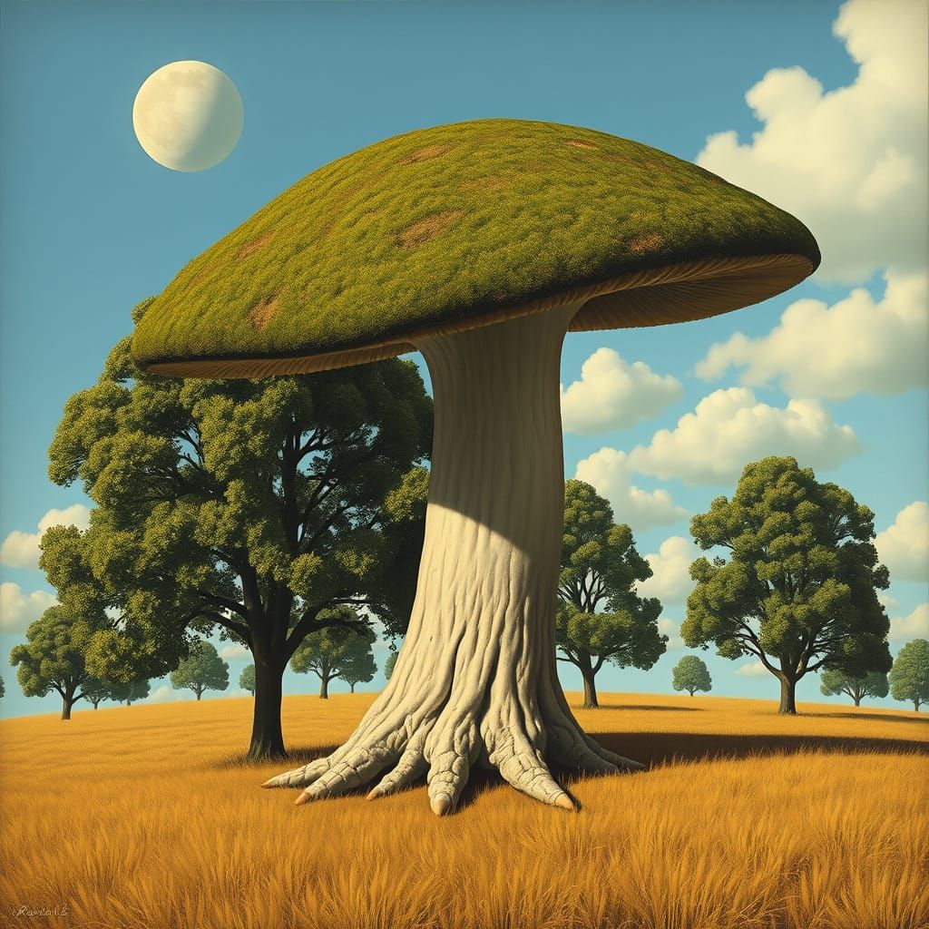 René Magritte's Son of Man Reimagined in a Fungi Landscape