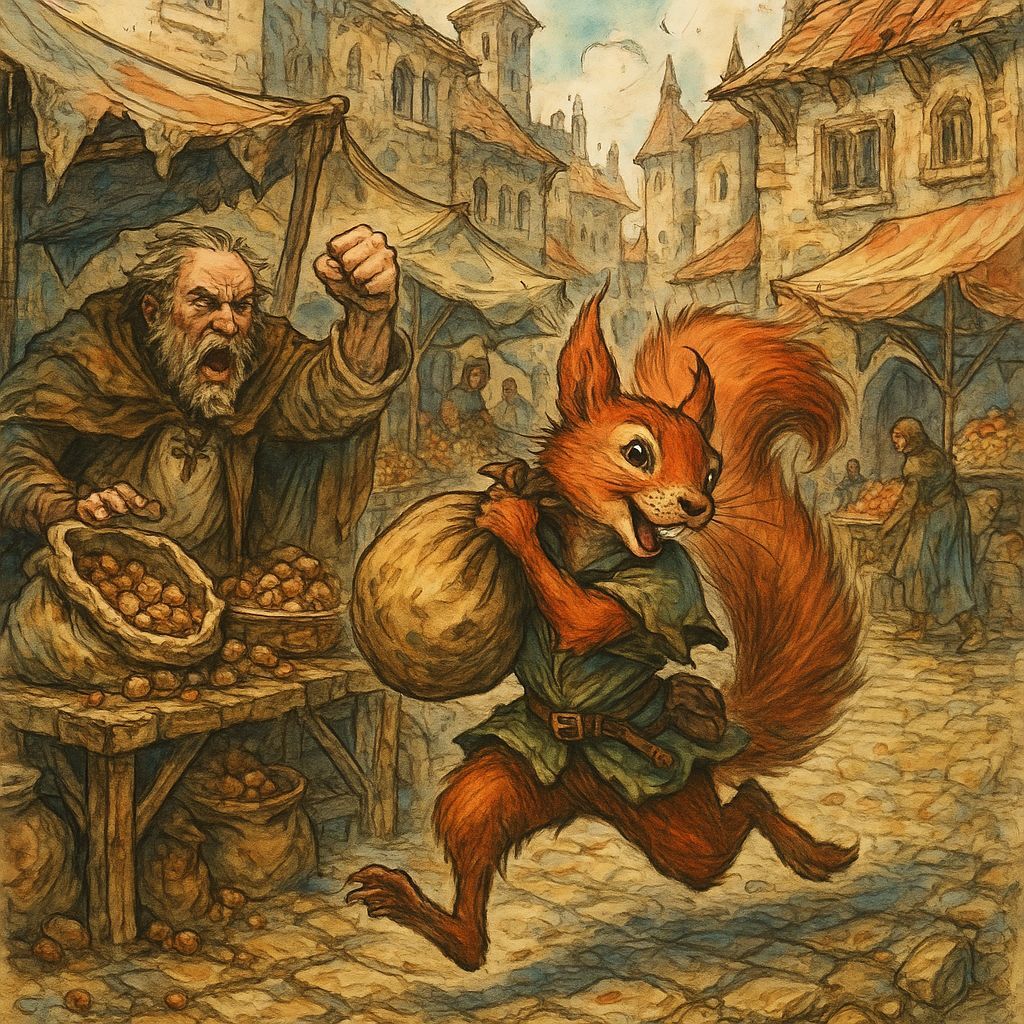 Mischievous Squirrel Steals Nuts in Fantasy Marketplace