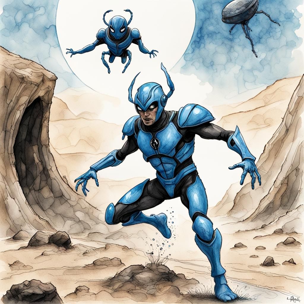 Blue Beetle Landing: Ink and Watercolour Action