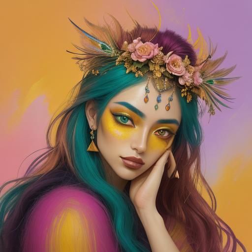 Mystical Woman with Peacock Feathers in Abstract Expressioni...