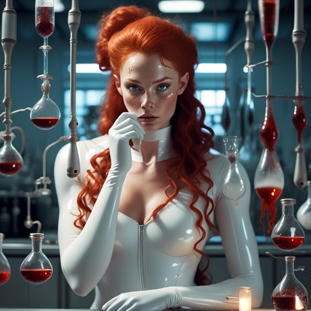 Red-Haired Scientist in Latex Catsuit Performs Experiment