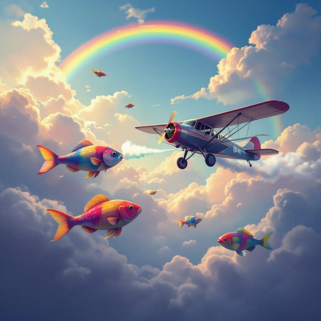 Surreal Fish Pilot Vintage Plane Through Rainbow Cloud