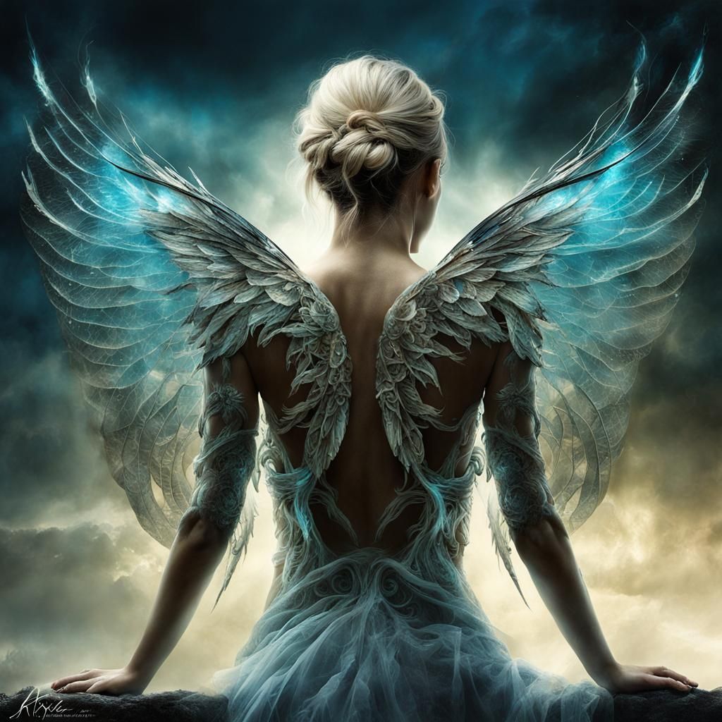 Bioluminescent Angel with Metallic Tattoo, Photorealistic Ar...