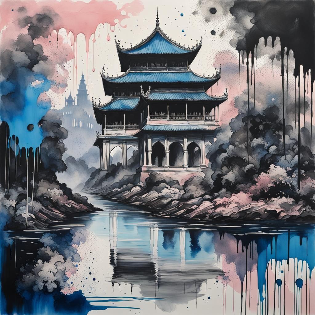 Detailed Riverscape Palace in Drip and Drop Art