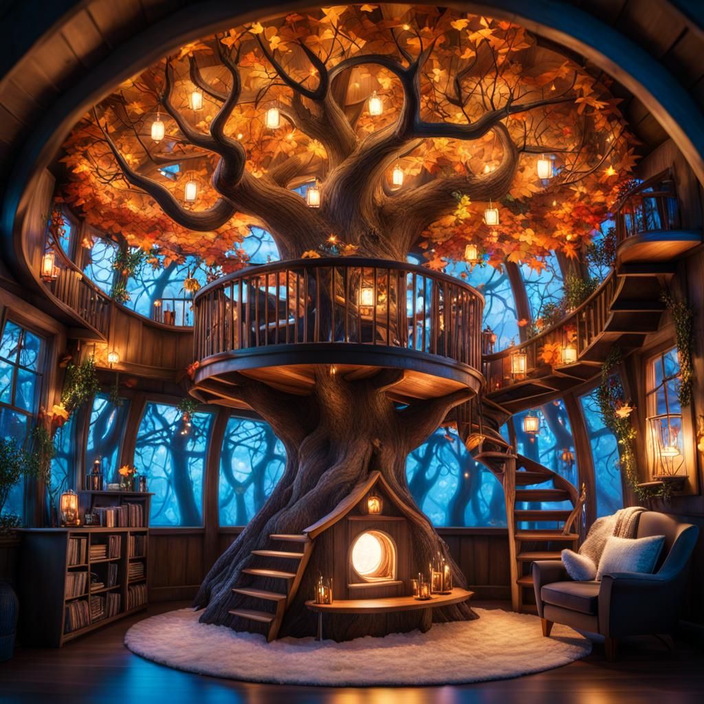 Magical Treehouse Living Room in Cel-Shaded Style
