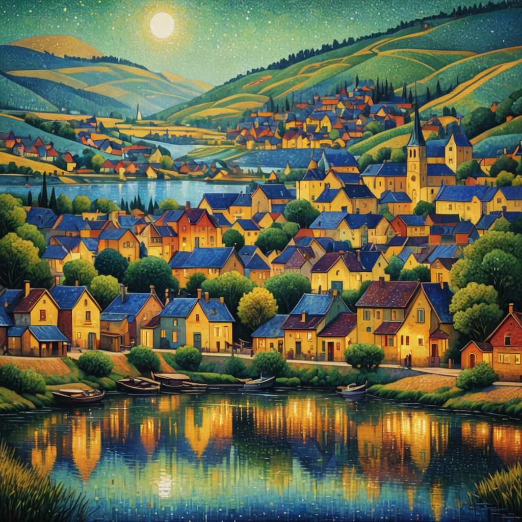 Pointillist River Town Inspired by Fine Art