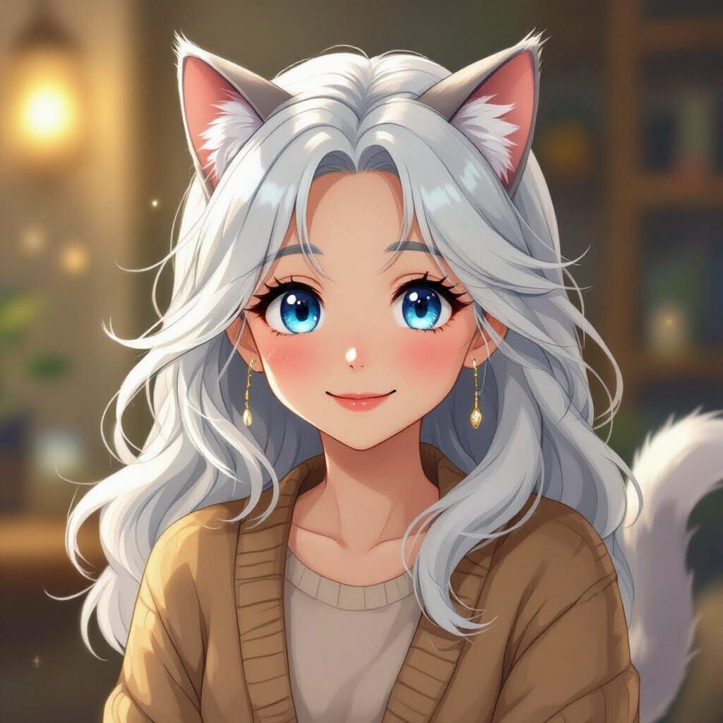 Anime Grandma with Cat Ears and Blue Eyes