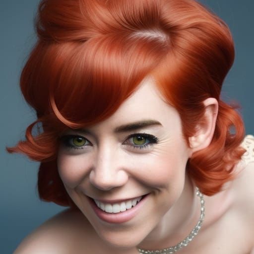 Cheerful smiling Vanessa Kirby with short pixie red hair, feminine eyebrows, bootylicious, hot, flawless face, bold colo...