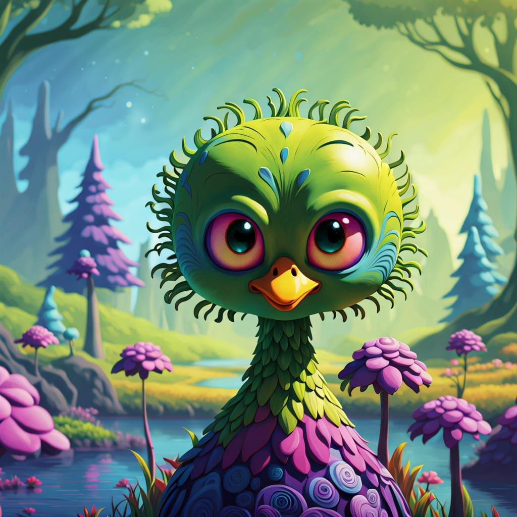 Adorable Shy Monster in Psychedelic Alien Forest