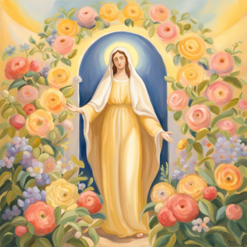 Immaculate Conception: Golden Light in Gouache Style
