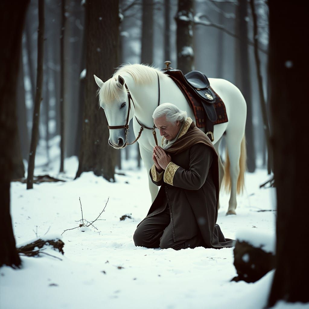 George Washington in Humble Prayer Amidst Winter's Solace at...