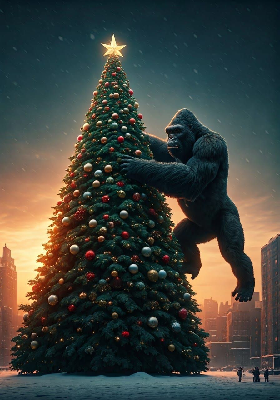 King Kong climbing a giant Christmas tree