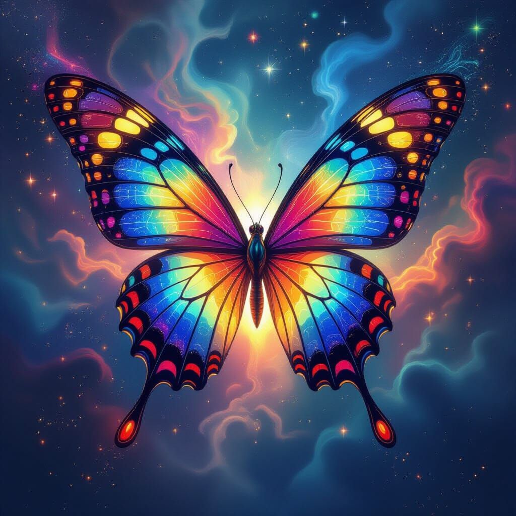 Ethereal Butterfly with Stained Glass Wings Ascends from Neb...