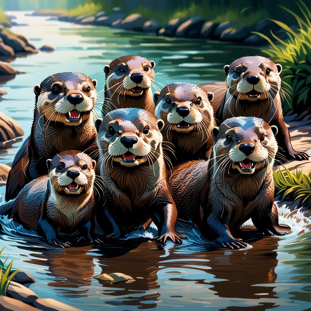 Hyperrealistic River Otters Splash Art