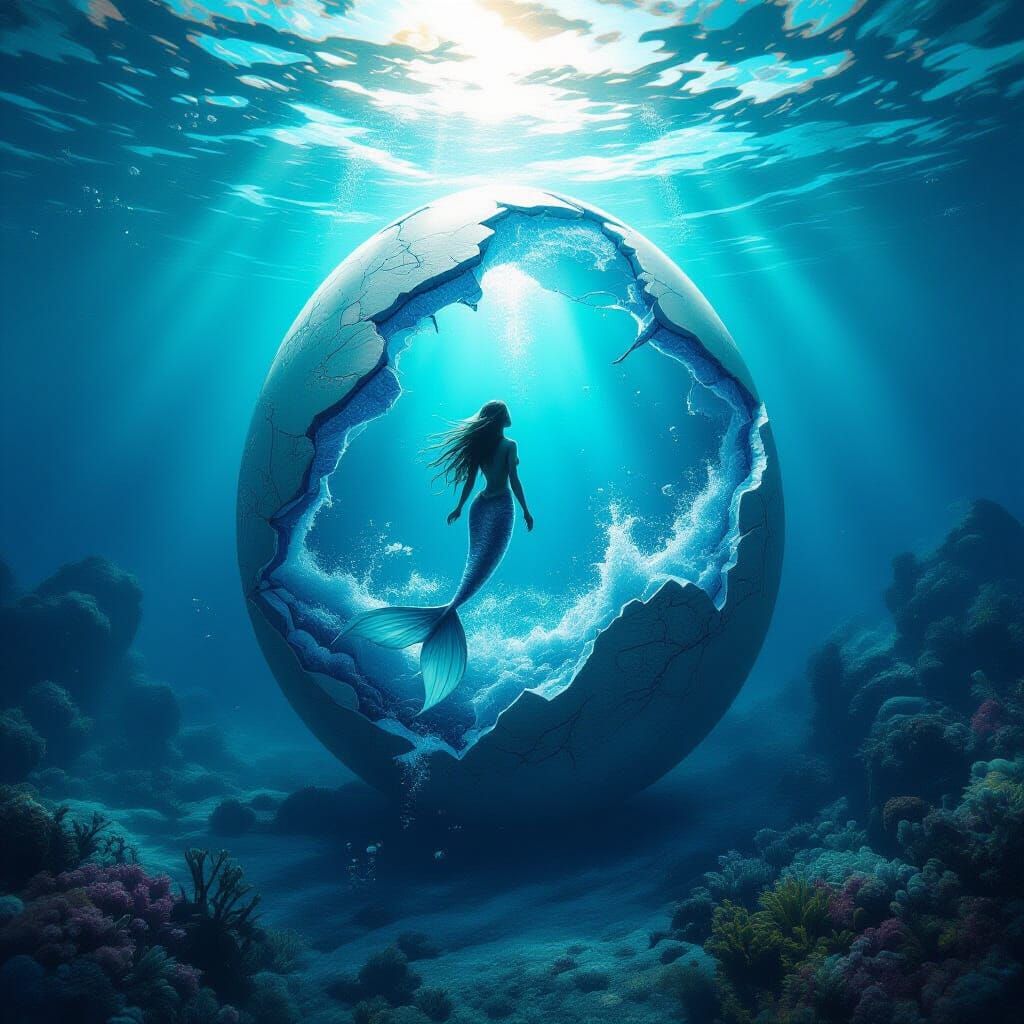 Earth Egg Cracking Open Underwater with Mermaid