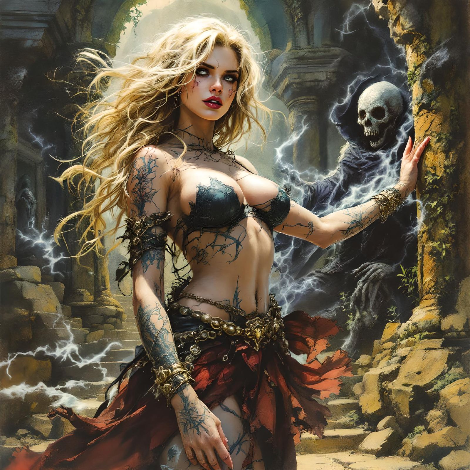 Female Adventurer Battles Undead Wizard, Comic Book Style