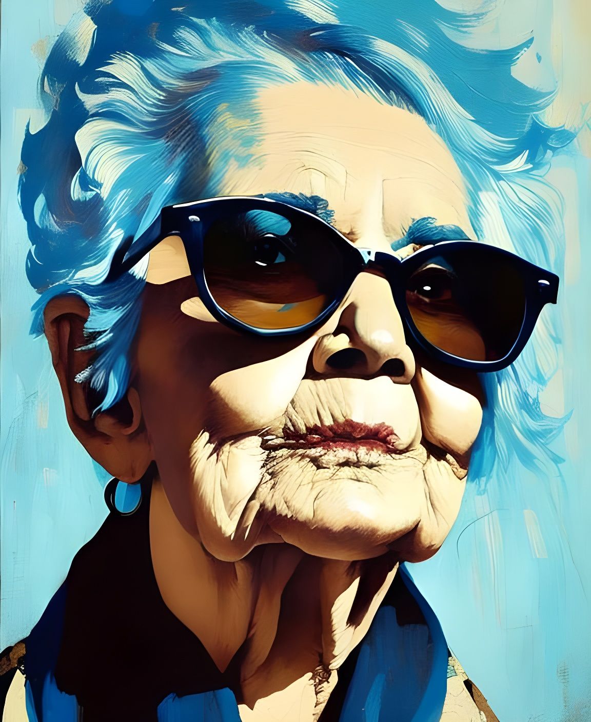 Expressive Portrait of an Old Woman with Blue Hair