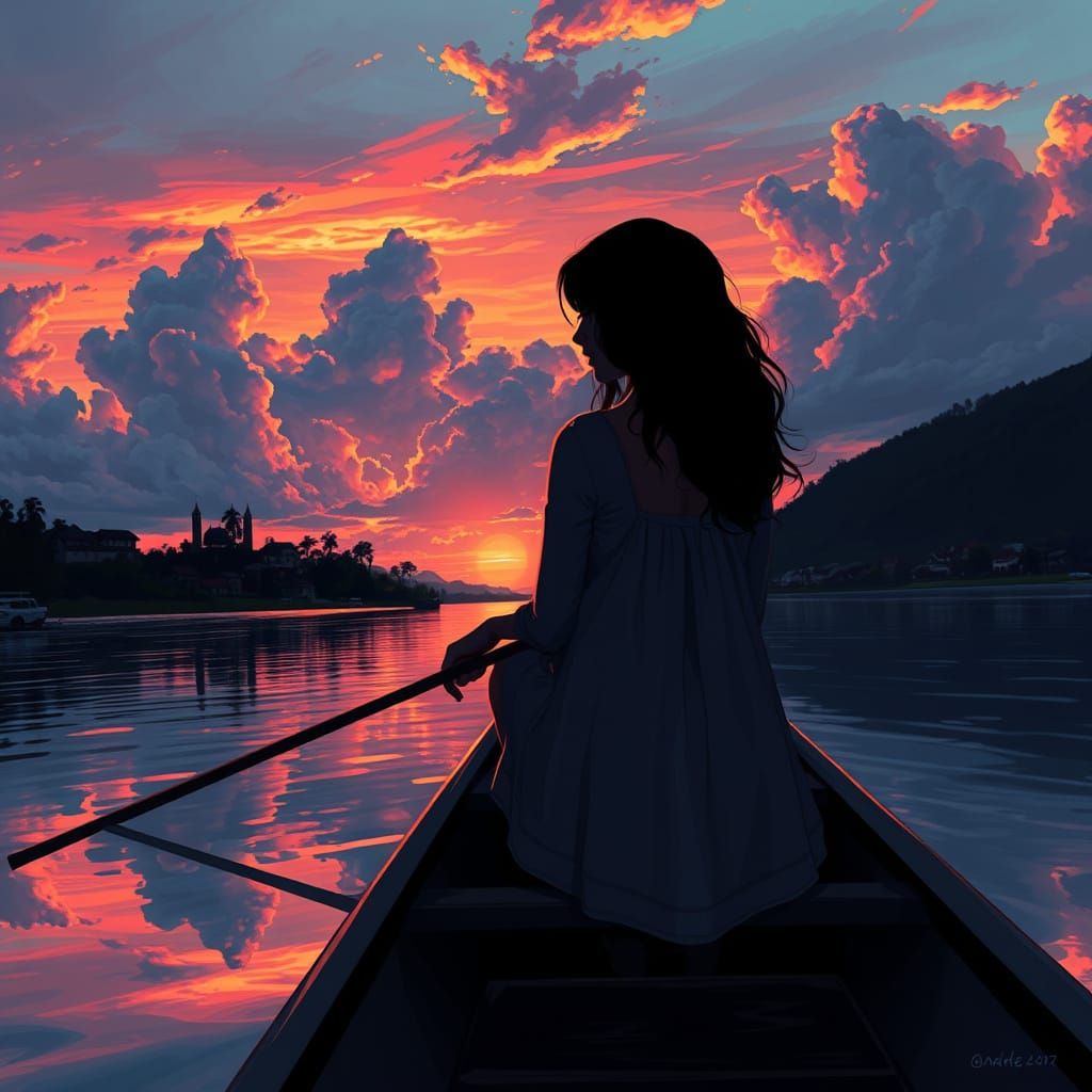 Tranquil River Sunset with Elegant Woman in Boat