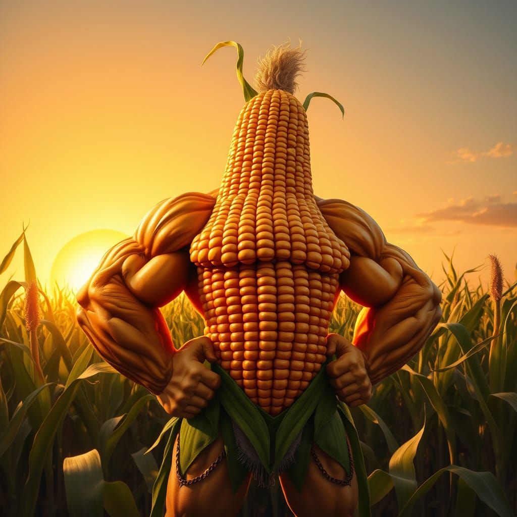 Muscular Corn Man in Golden Hour Cornfield