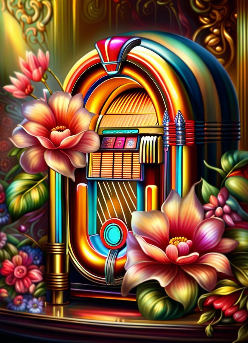 Magnificent Golden Flowers in a Majestic Jukebox Scene