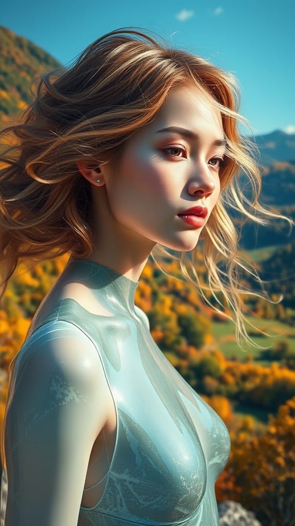 Ethereal Water Goddess Amidst Autumn Glory