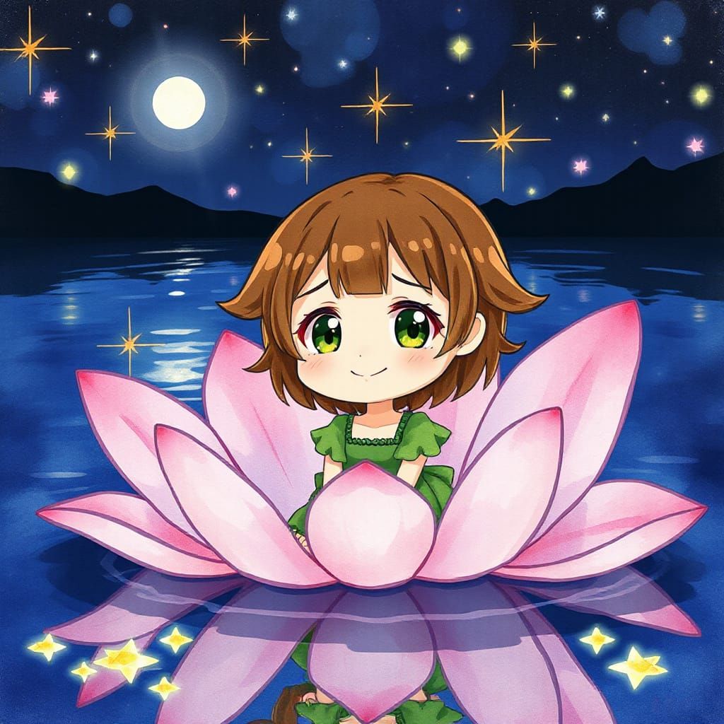 Chibi Water Lily Goddess in a Serene Nighttime Scene