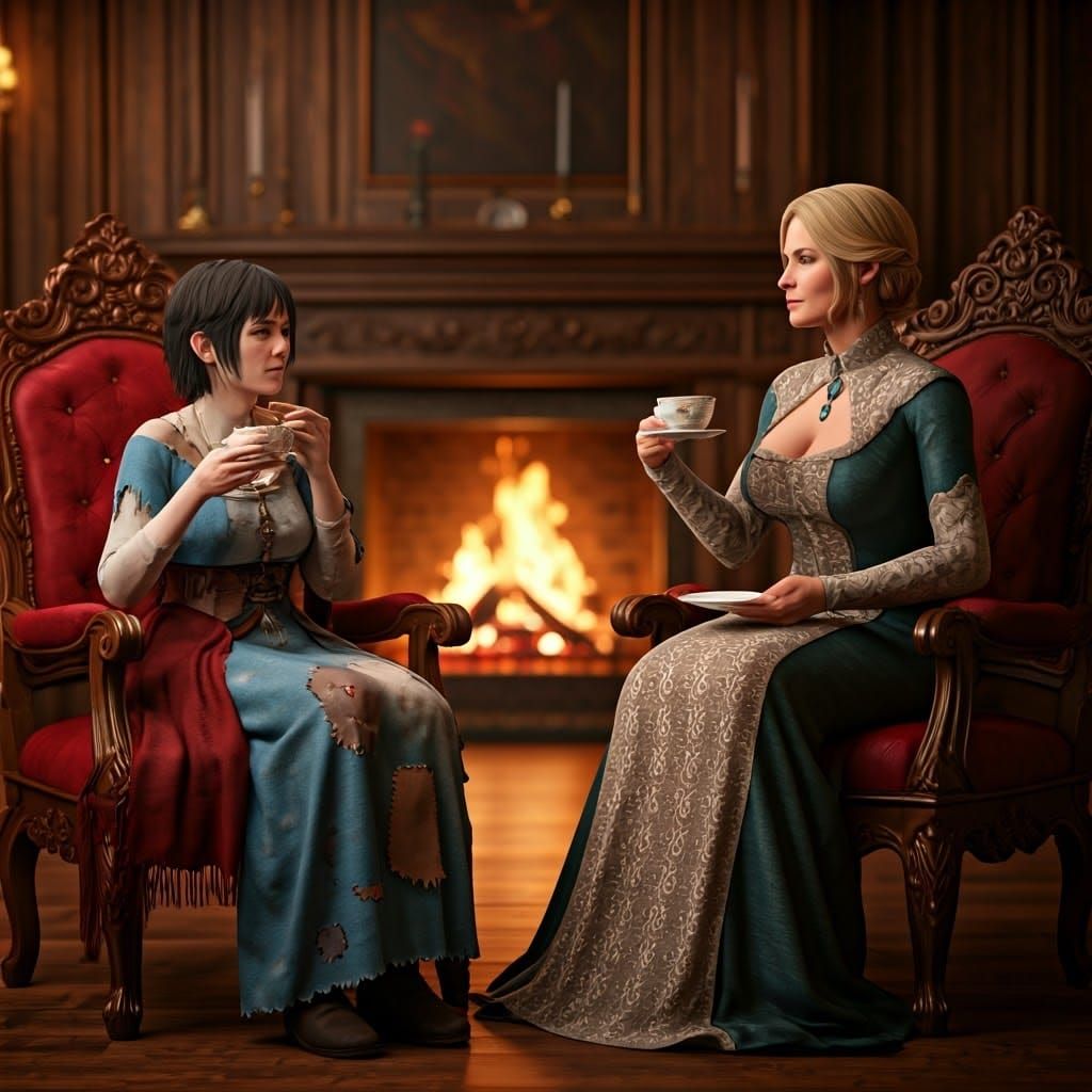 Contrasting Women Share Tea in a Cozy Salon