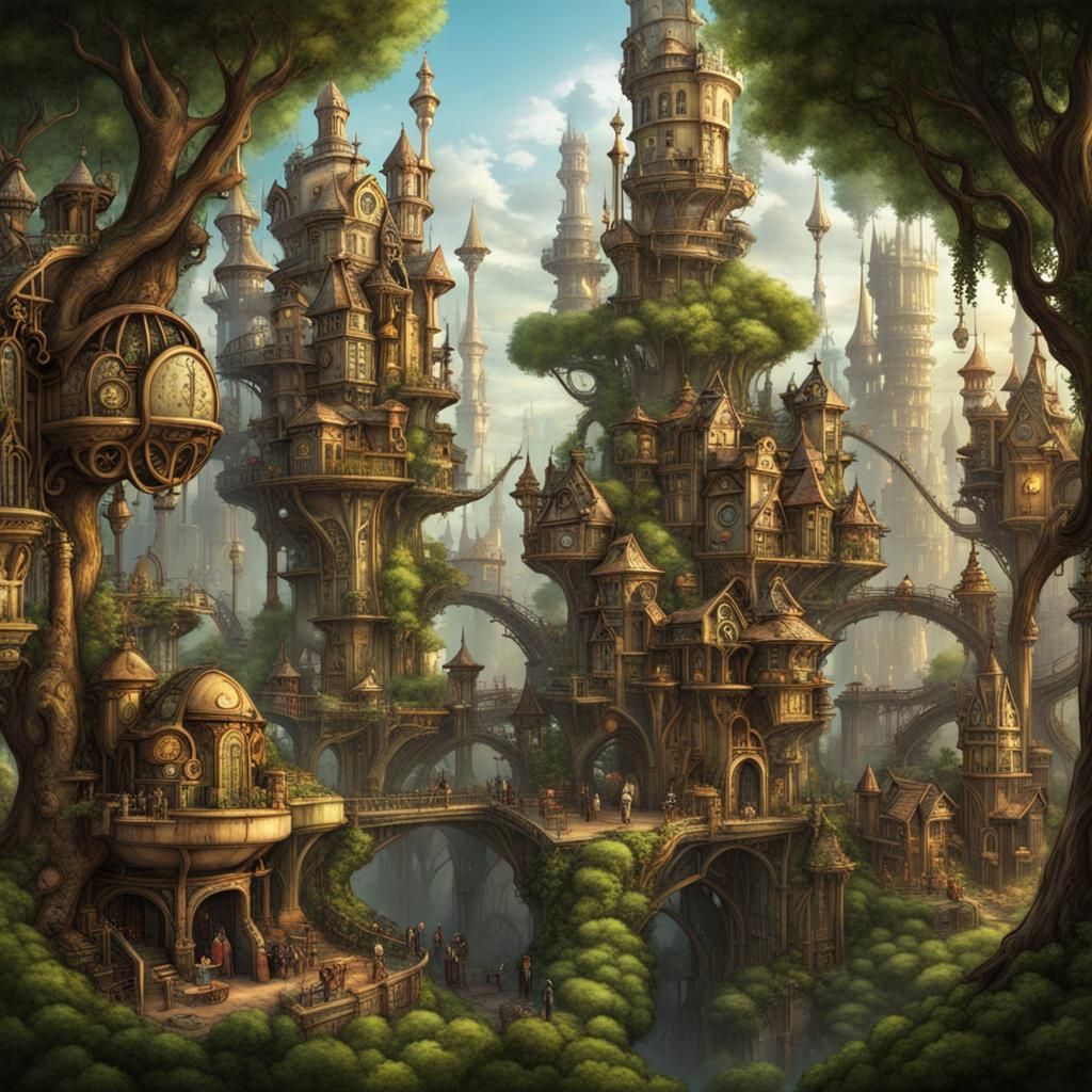 Steampunk Elven City in Woodland Trees