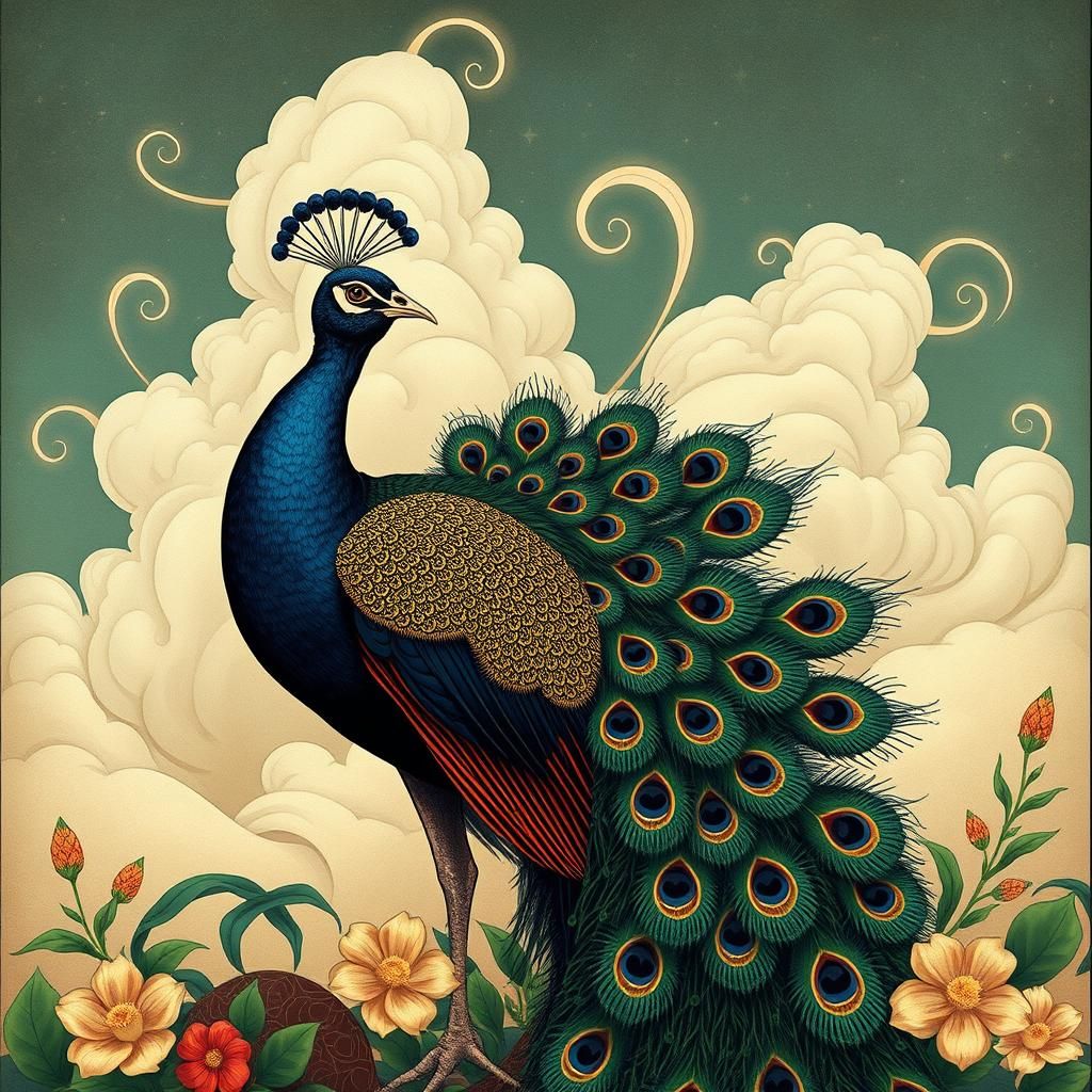 Regal Peacock in Resplendent Plumage: Art Nouveau Style