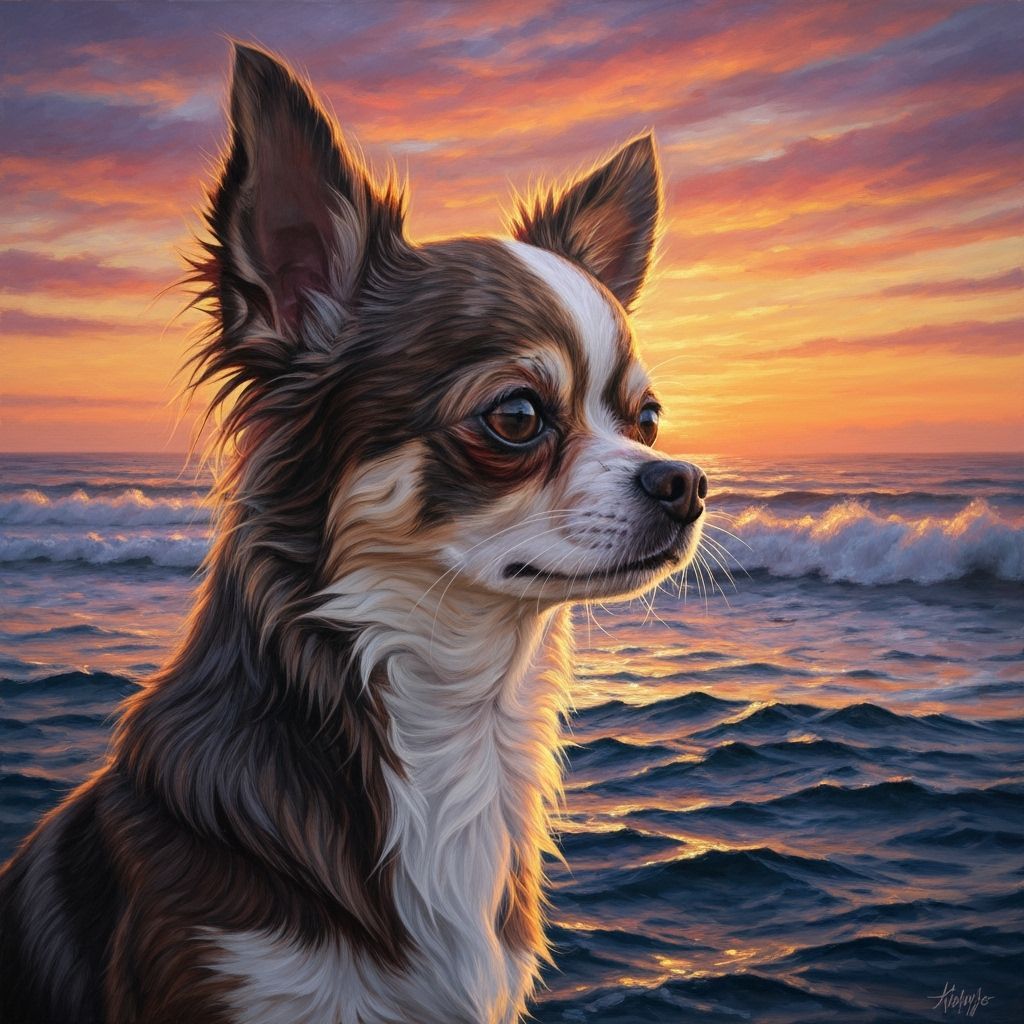Chihuahua Gazing at Ocean in Neo-Impressionistic Style