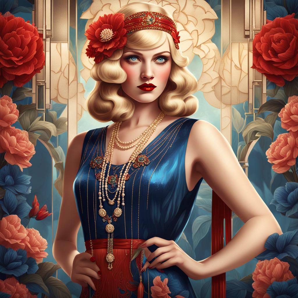 Art Deco Illustration of 1920s Flapper in Flowery Dress