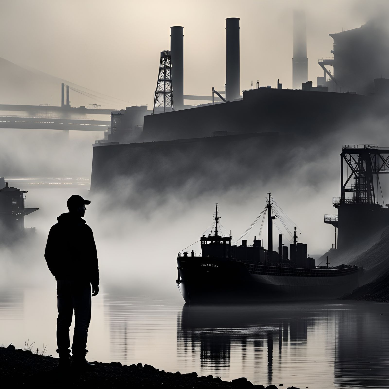 Foggy River: Charcoal Silhouette of Man Watching Barge