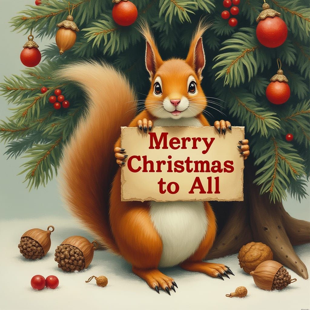 Whimsical Christmas Scene with a Squirrel's Holiday Greeting