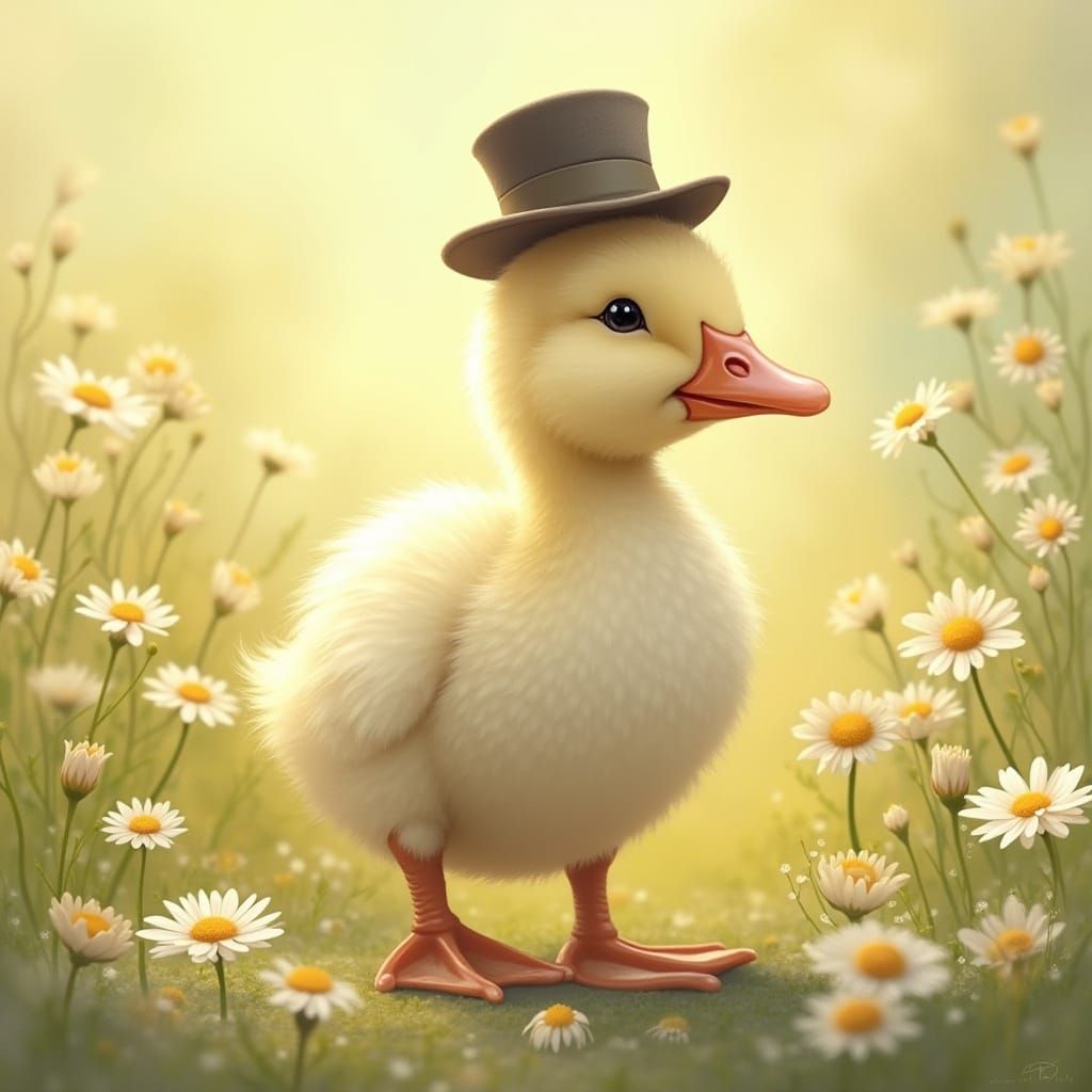 Duckling in Top Hat: A Whimsical Pastel Scene