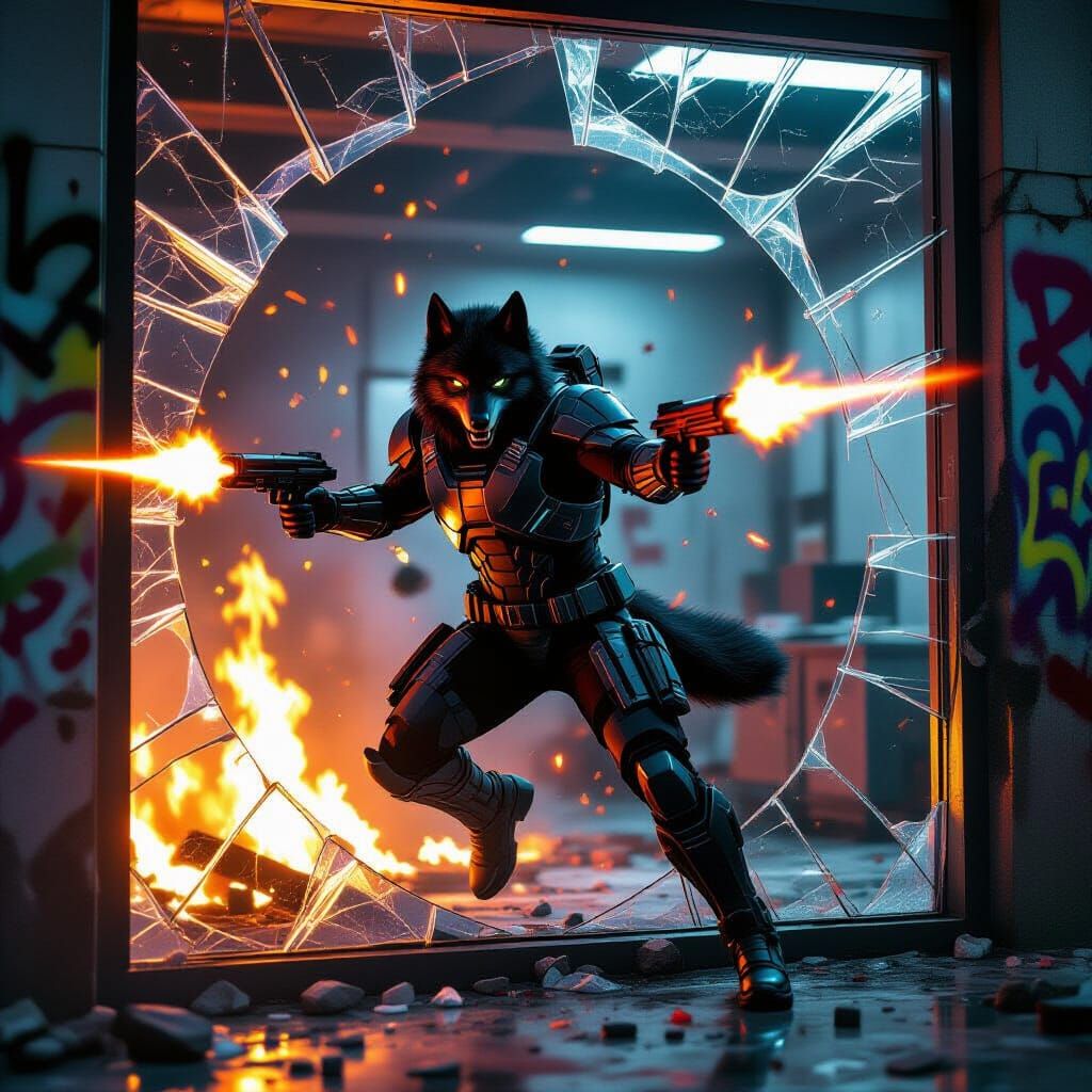 Cyberpunk Wolf Leaps Through Glass in Burning Lab