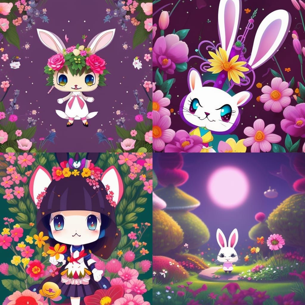 cartoon character; [chibified cute adorable bunny in the wonderland] centered, [flowers and plants on edge] anime style ...