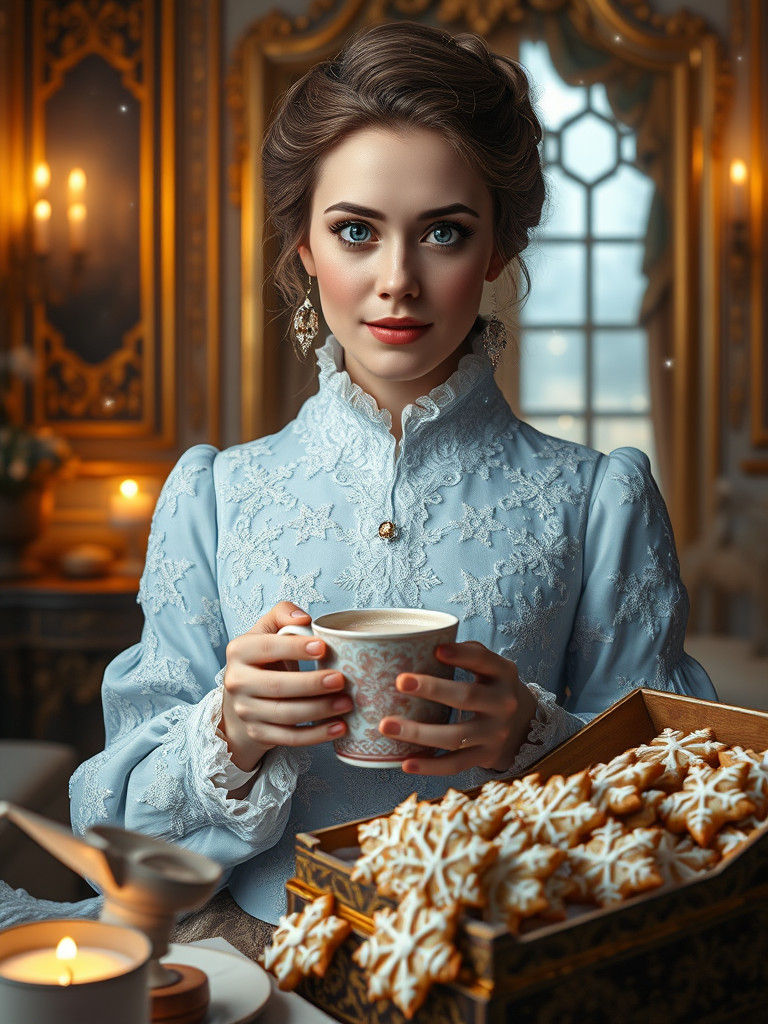 Victorian Woman with Snowflake Cookies in Ornate Room
