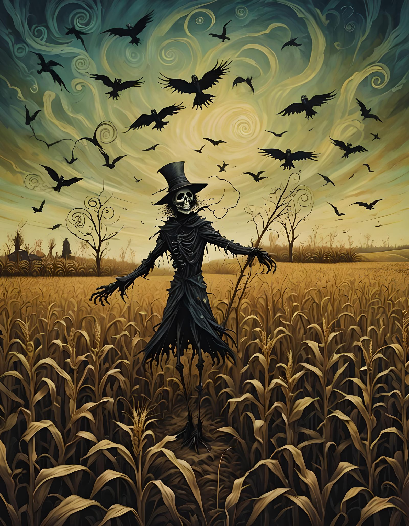 Sinister Scarecrow in Cornfield with Ravens