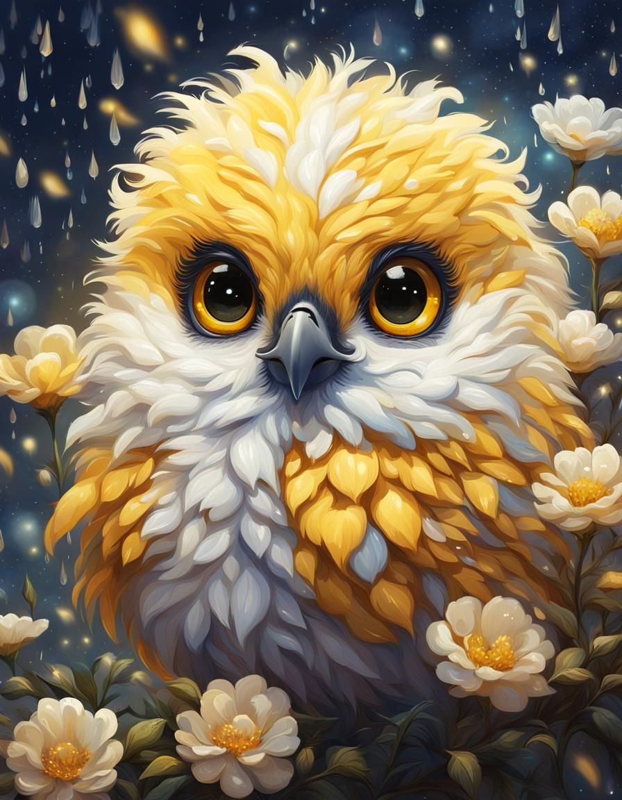 Fluffy Fantasy Bird in Flower Rain: Ornate Oil Painting