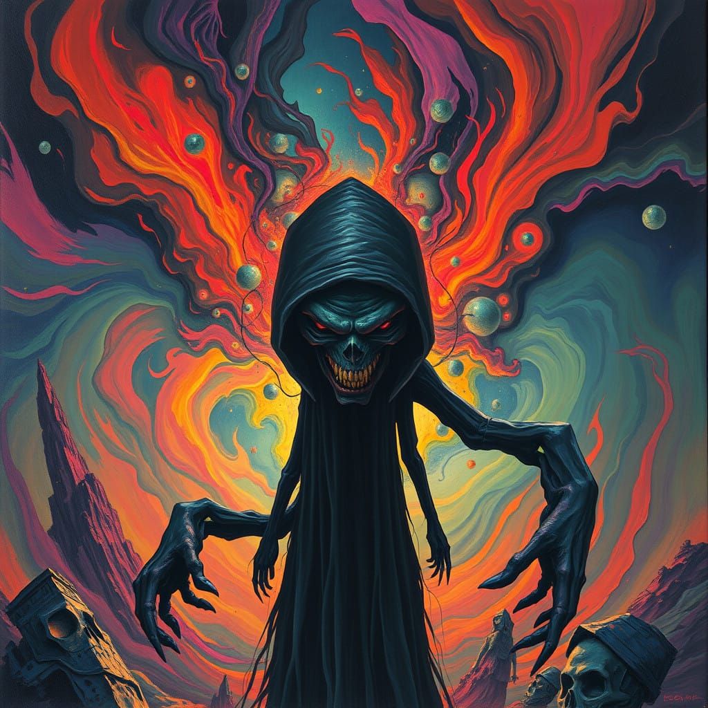 Distorted Figure in Ominous Psychedelic Dreamscape