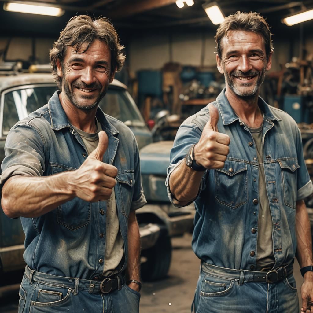 Mechanics' Thumbs Up: A Gritty Film Still