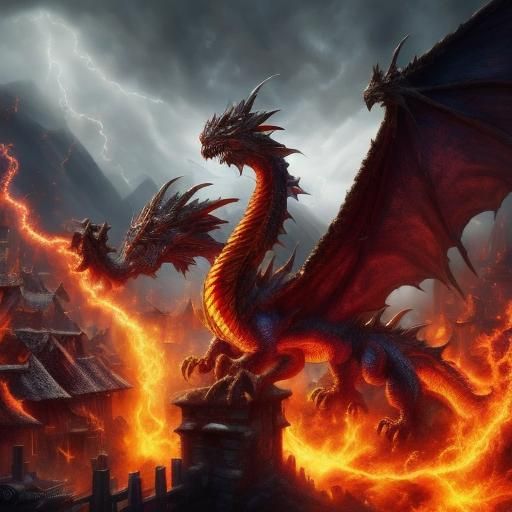 Dragon's Fury: Medieval Village Ablaze, Oil Painting