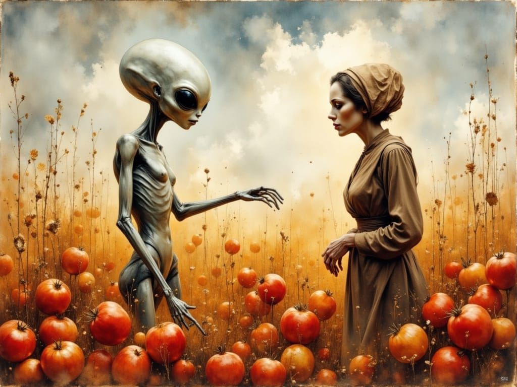 Alien First Contact in Surrealist Impasto Style