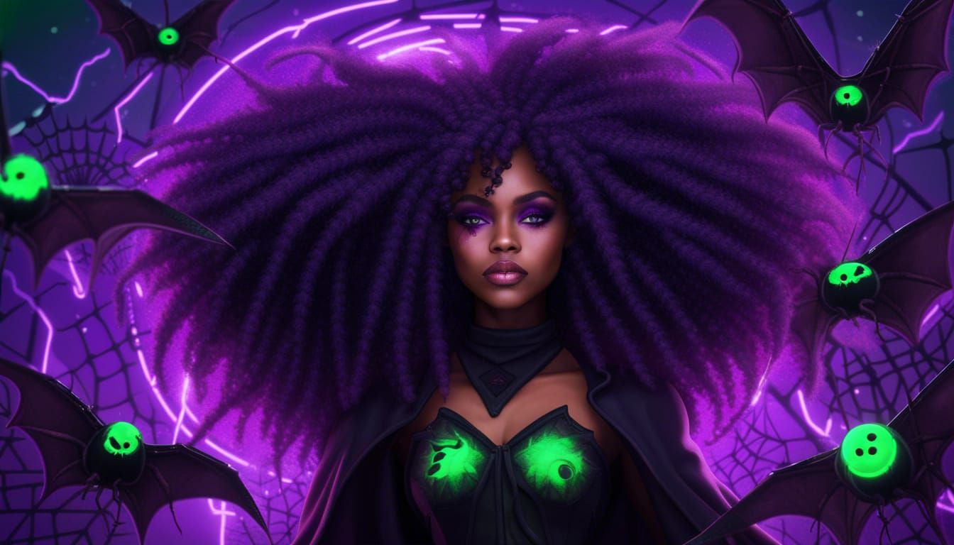 Neon Witch with Purple Afro, Bats and Spiders