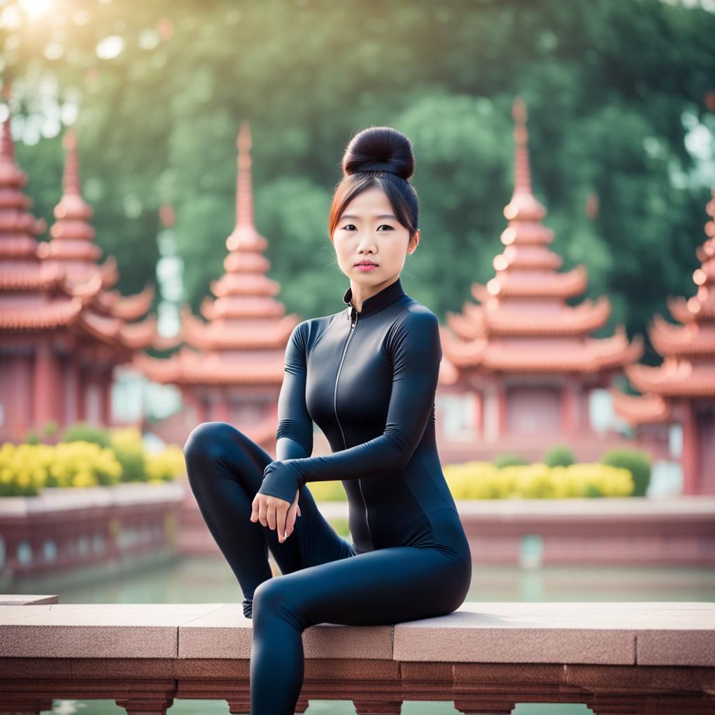 Asian Woman in Spandex Catsuit Near Pagodas