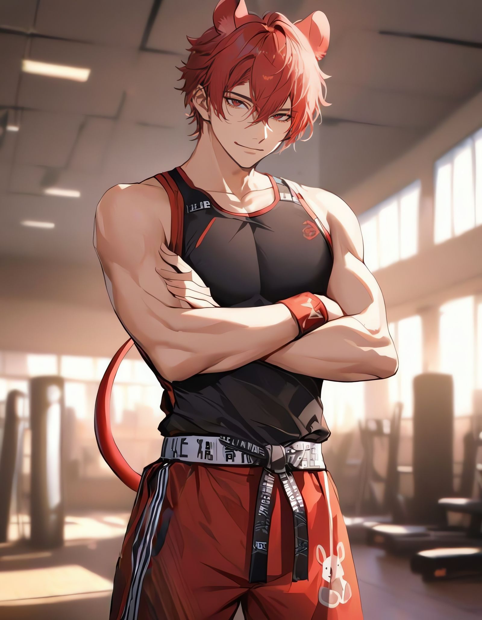 Bishounen Cowboy Martial Artist with Red Hair and Eyes