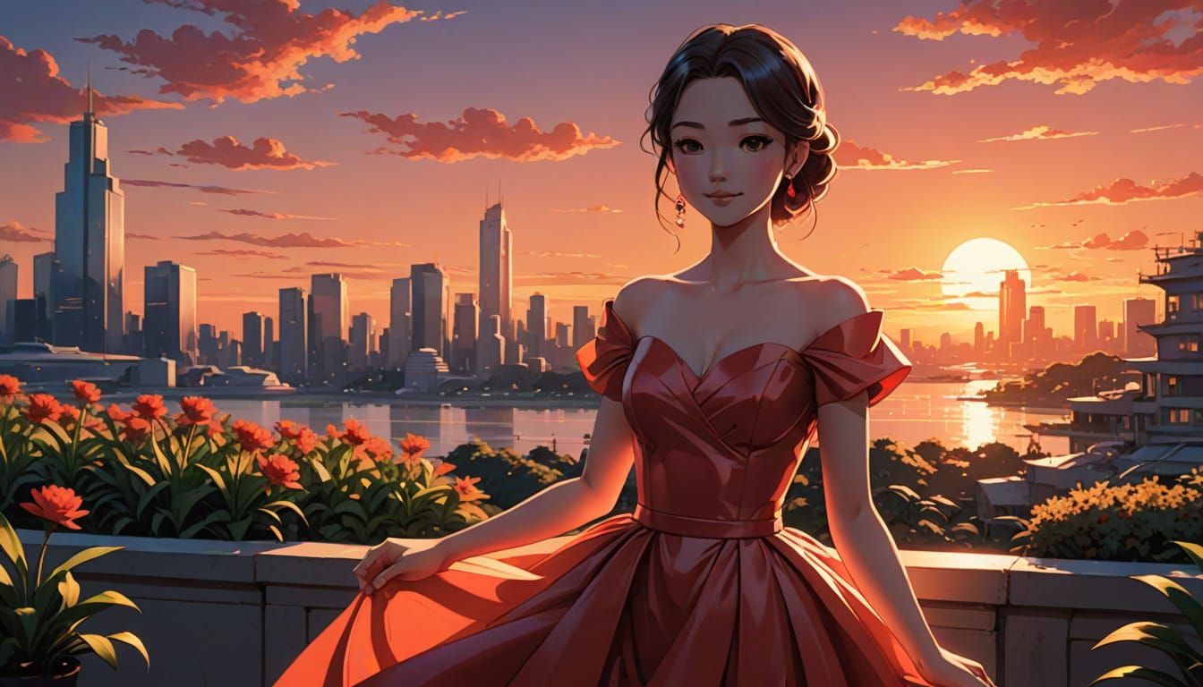 Girl in Vibrant Red Gown Radiates Joy Under Sunset