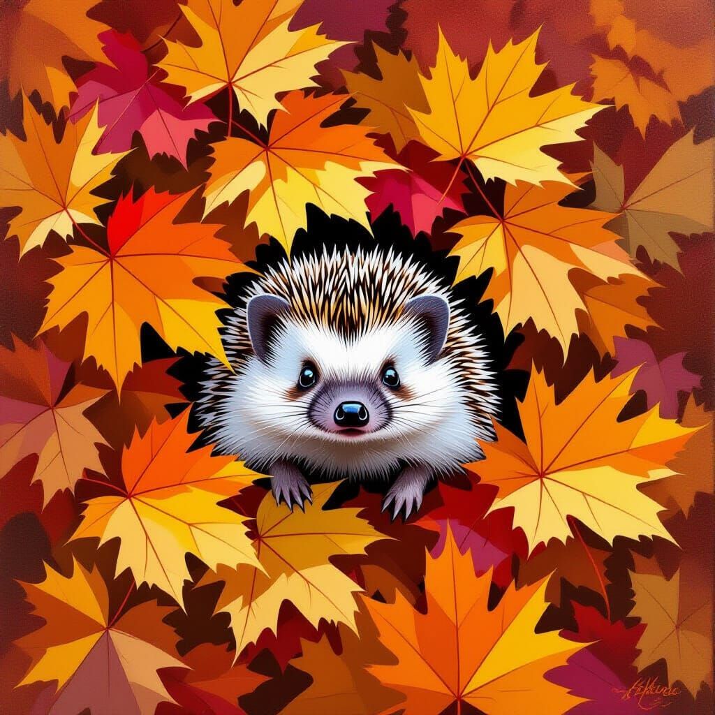 Cute Hedgehog Peeking From Autumn Leaves Acrylic Painting