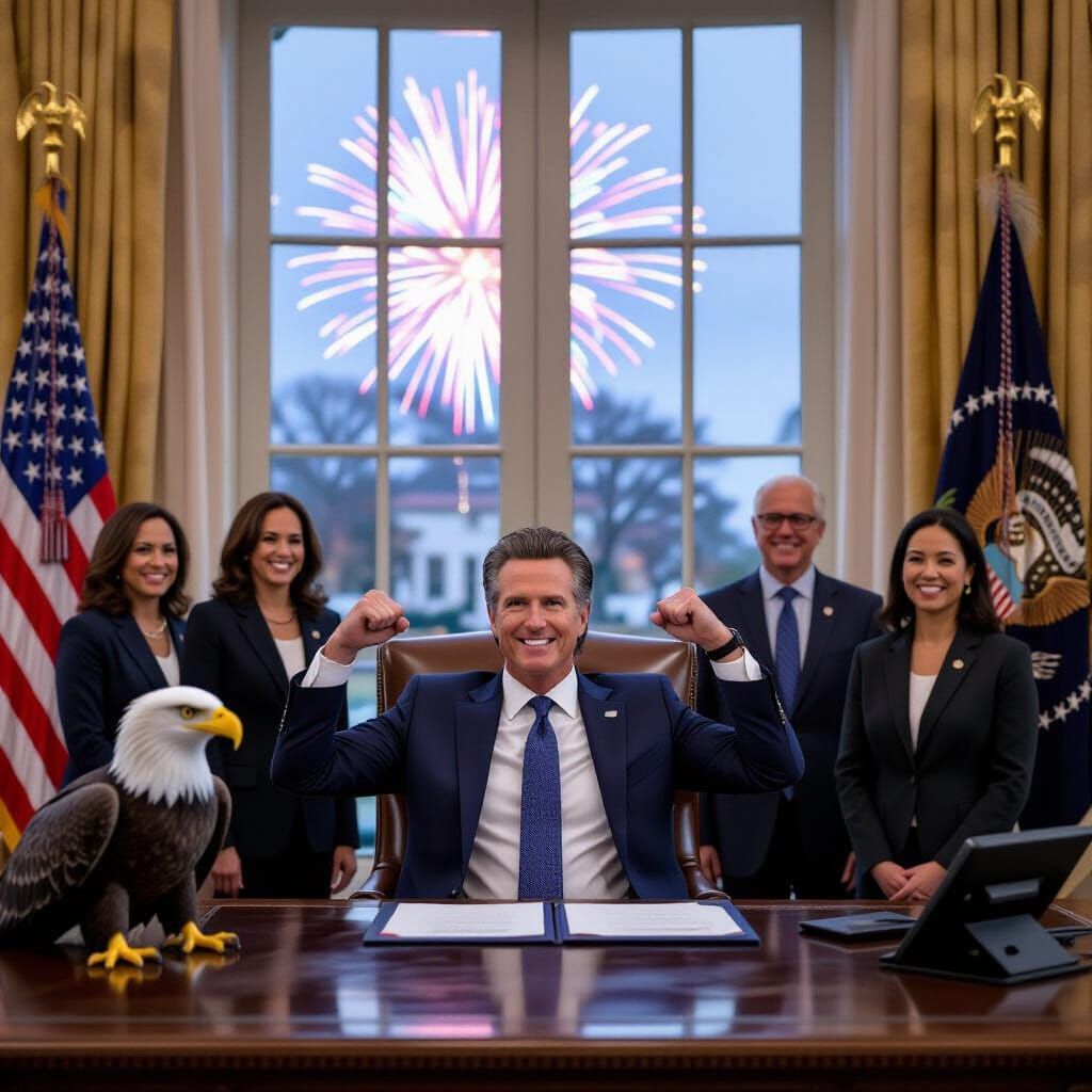 President on Buffalo Flexing With Eagle and Fireworks